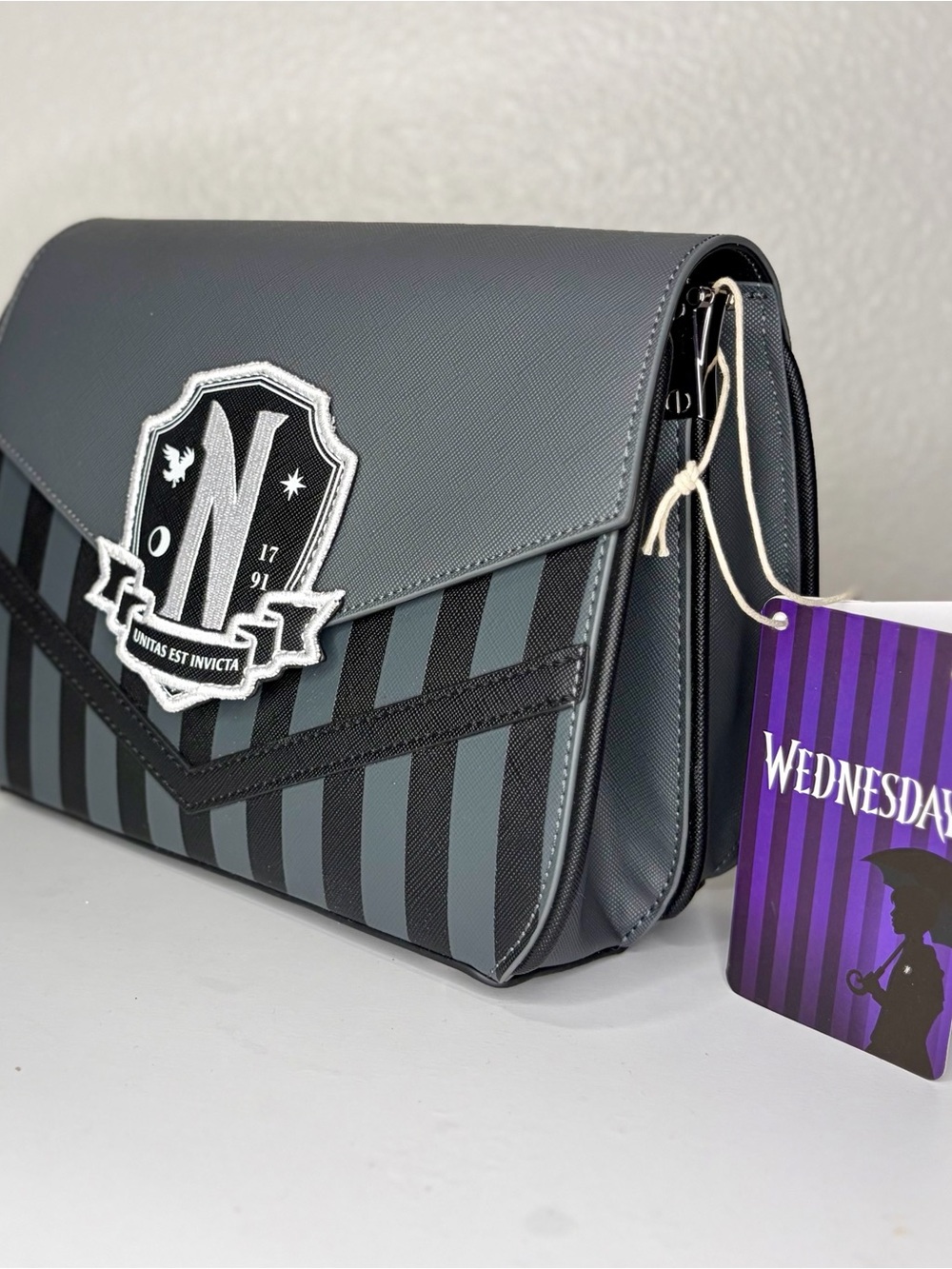 Wednesday Addams Black & Gray Striped Crossbody Bag